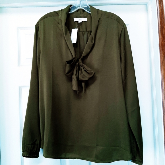 Ann Taylor Tops - Ann Taylor NWT bow tie  silky olive green dress blouse XL - so classy